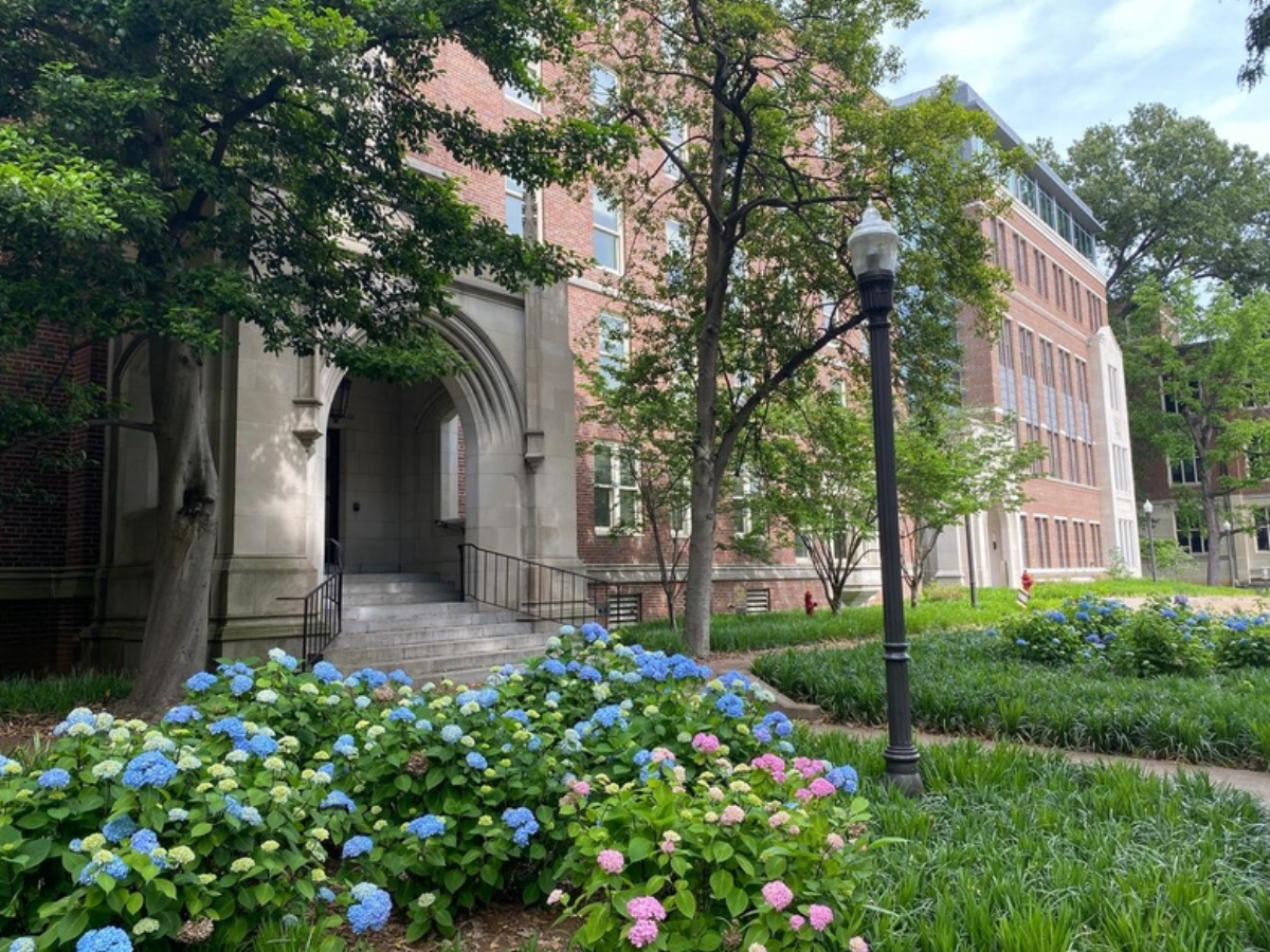 building with flowers